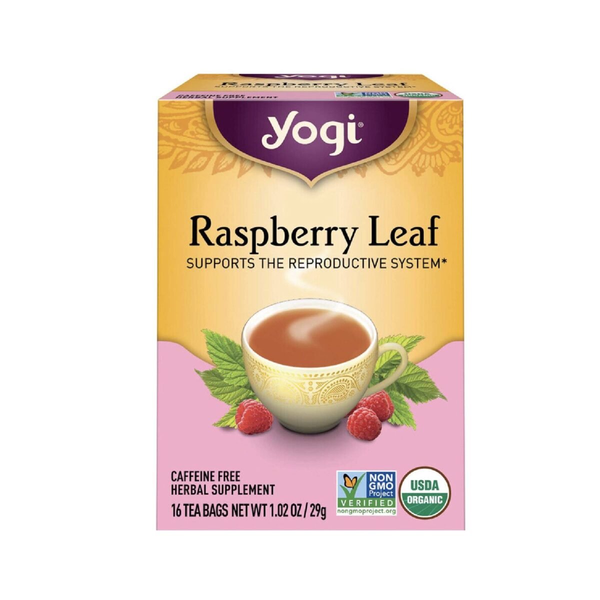 Yogi, Tea Organic Raspberry Leaf Tea - 16 Tea Bags per Pack (4 Packs) - Caffeine-Free, Aids Discomfort of Menstruation - Made from Raspberry Leaves - Image 1